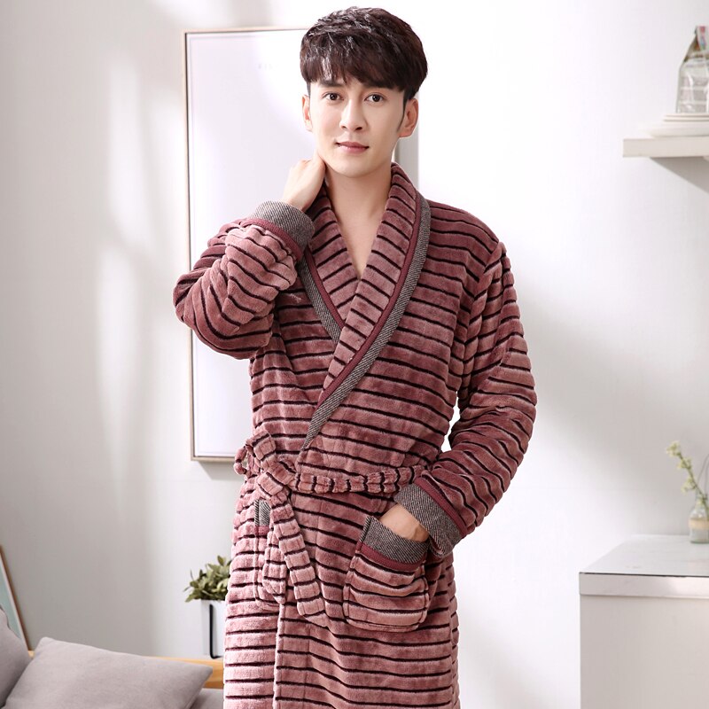 Winter Casual Striped Flannel Male Nightwear Men Bathrobe Belt Bathroom Spa Thick Coral Fleece Men Robe XXXL