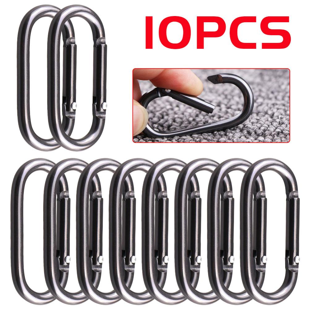 5/10/20pcs oval stainless steel spring hook carabiner quick link lock loop hook keychain rock climbing safety buckle equipment: 10pcs