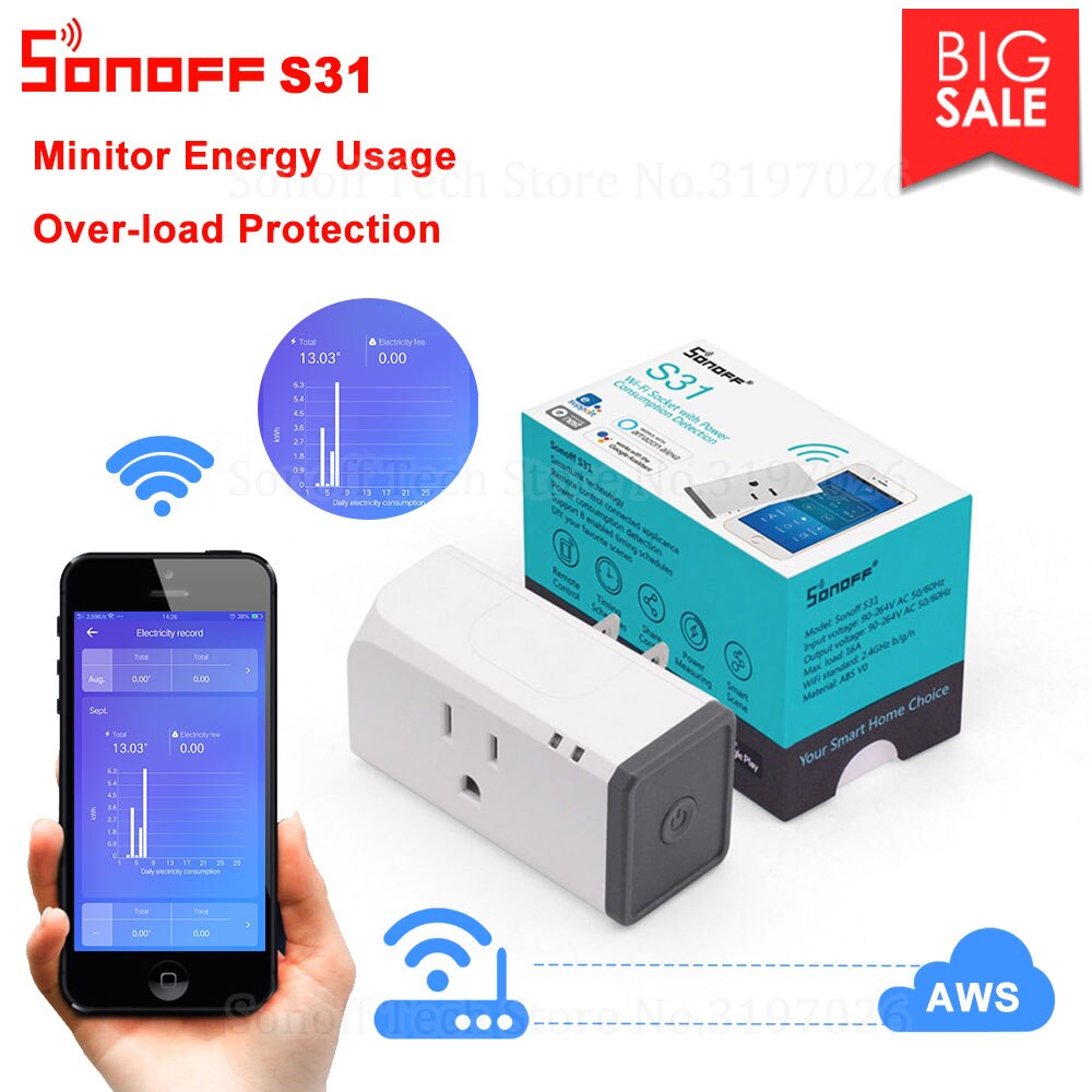 Itead Sonoff S31 US 16A Smart WiFi Socket Monitor Energy Usage Remote Outlet Wi-fi Switch Works With Alexa Google Home Assistant