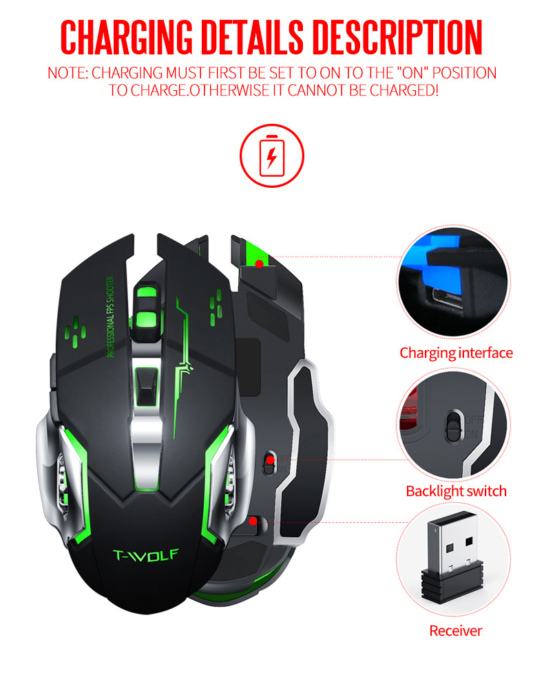 BENTOBEN Wireless 2.4G USB Optical Gaming Mouse 2400DPI Gamer Mouse Backlit Rechargeable Silent Mice For PC Laptop