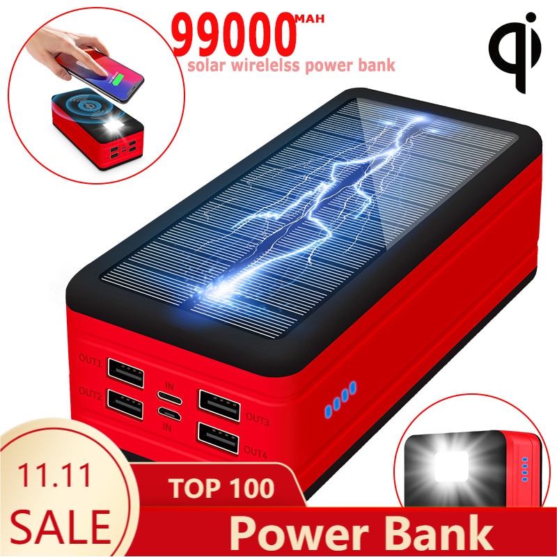 99000mAh Wireless Solar Power Bank Portable Charger Large Capacity 4USB LEDLight Outdoor Fast Charging PowerBank Xiaomi Iphone