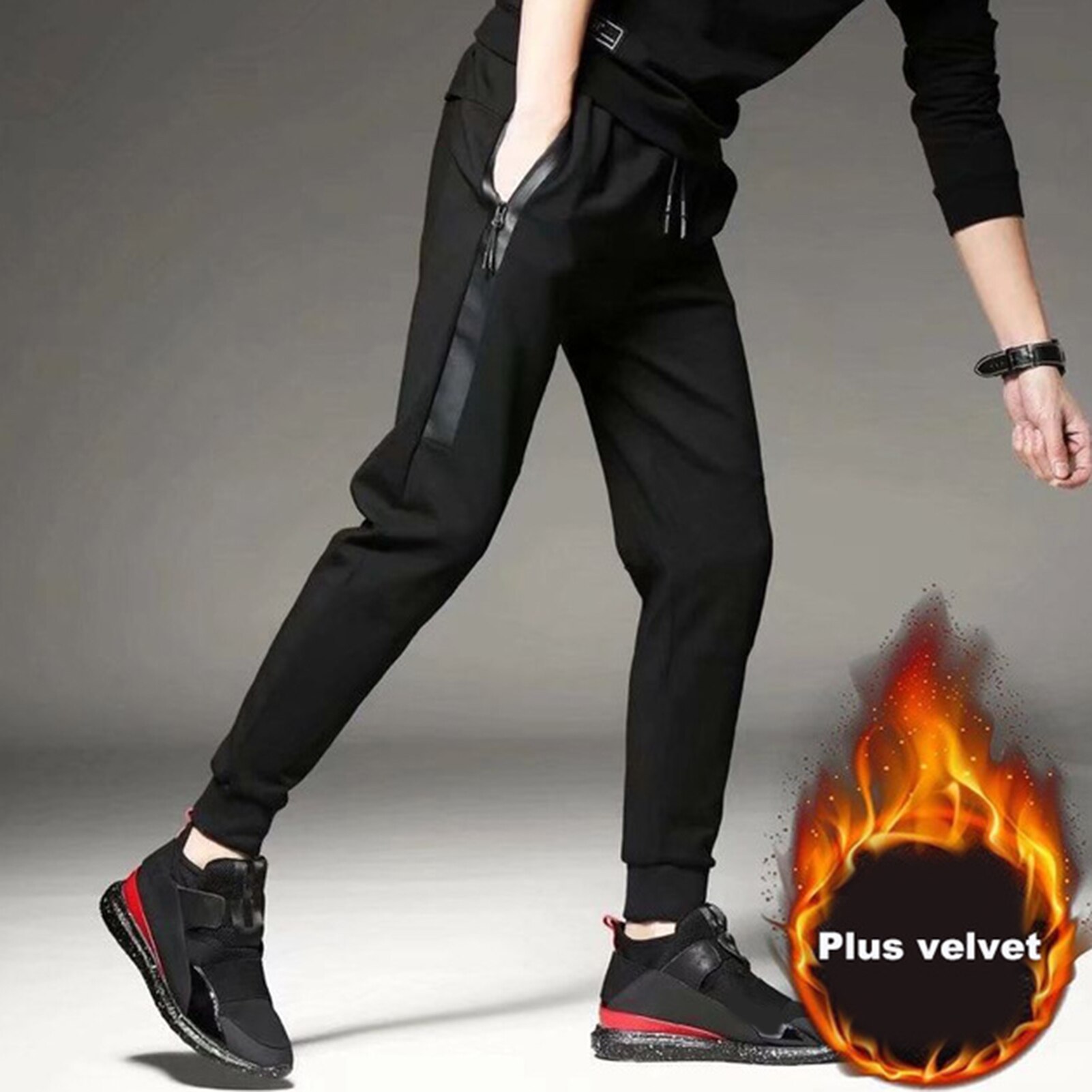 Men Plain Slim-Fit Casual Sports Sweatpants Fall Winter Thick Casual Harlan Pants Elastic Waist Lace-up Sports Trousers