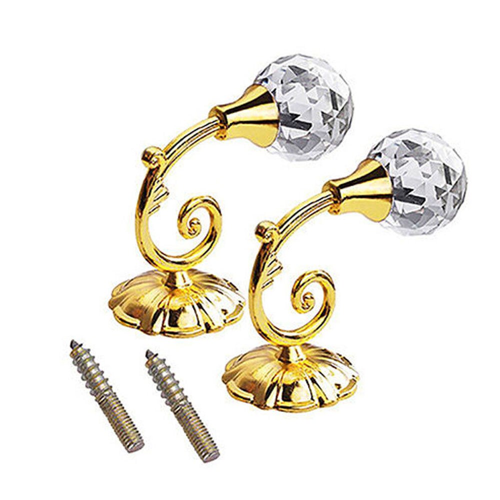 Classic Retro Hooks 2X Large Metal Crystal Glass Curtain Holdback Wall Tie Back Hanger Holder For Living room Curtain Decoration: Gold 
