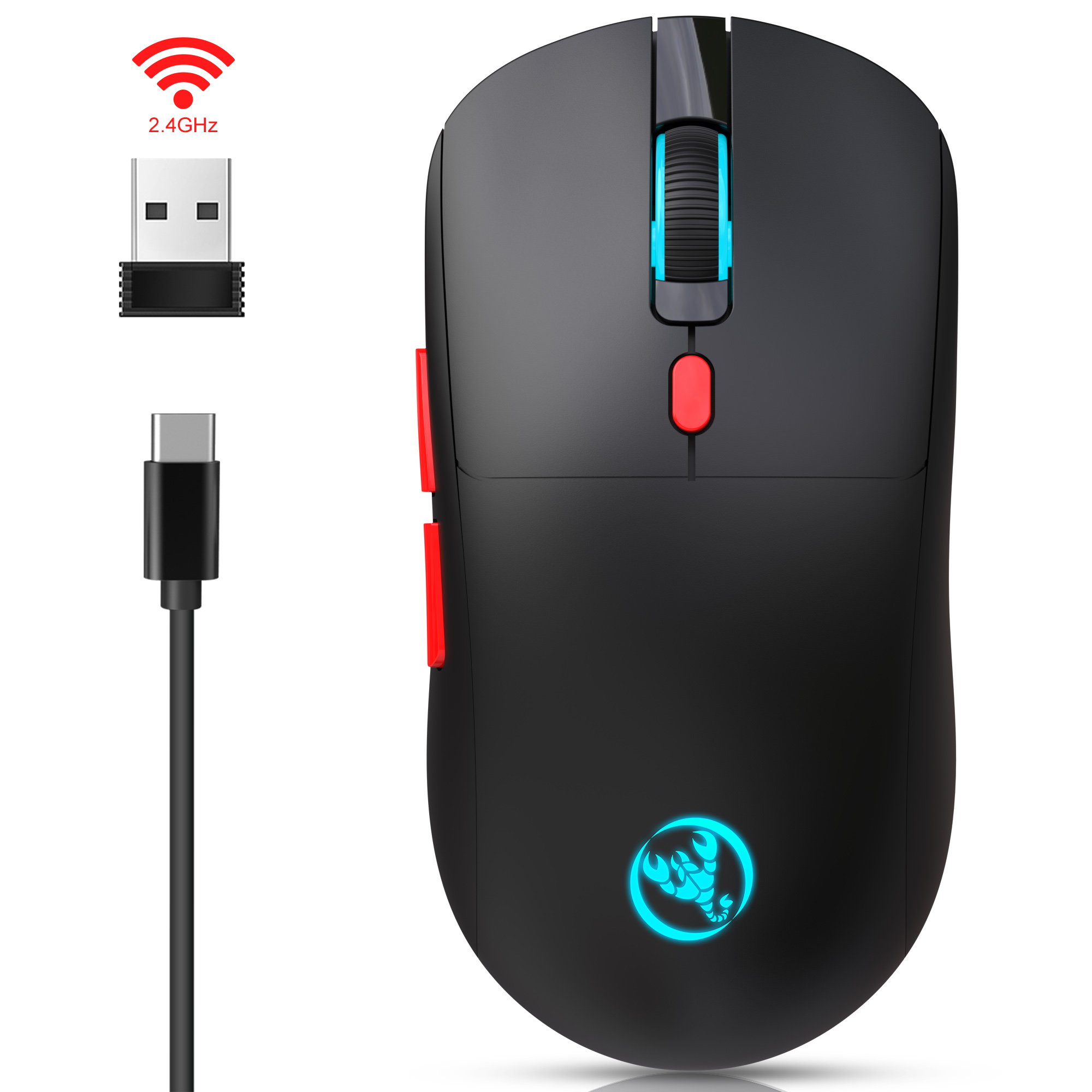 Bezprzewodowa mysz USB 2,4G z możliwością ładowania, regulowana 3600 dpi, 7 kolorów, wygodne myszy RGB do domowego biura, laptopa, komputera dla graczy: Black