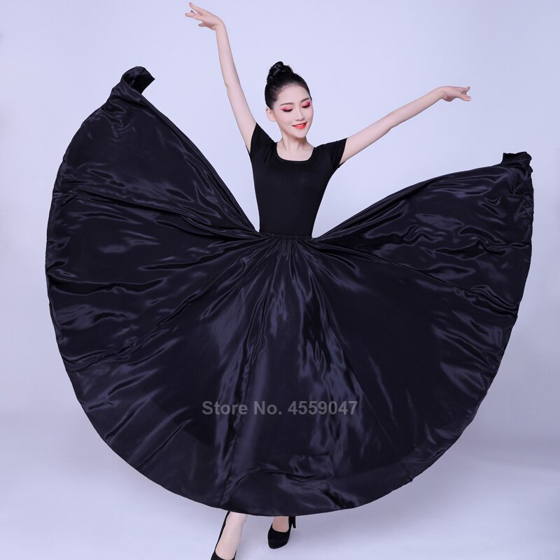 Spaanse Flamenco Rok Vrouwen Gradiënt Fading Kleur Smooth Glossy Luxe Elegante Grote Swing Dance Kostuum Meisjes Buik Maxi Jurk: Black / 720degree