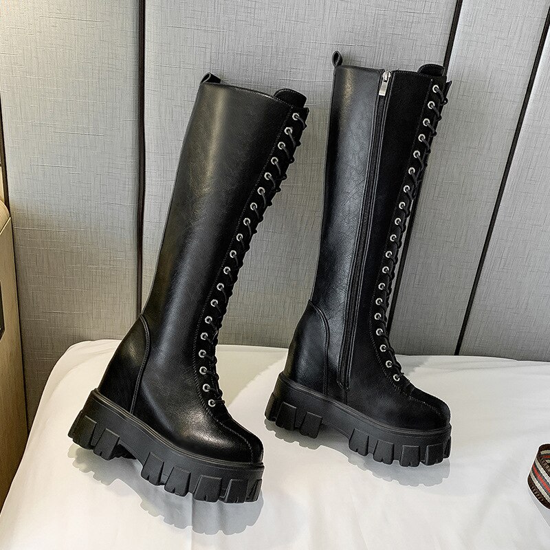 Plate-forme trapue en cuir pu genou bottes hautes femmes rétro Punk hauteur augmentant bottes longues femme à lacets chaussons Mujer erf56: Black / 35