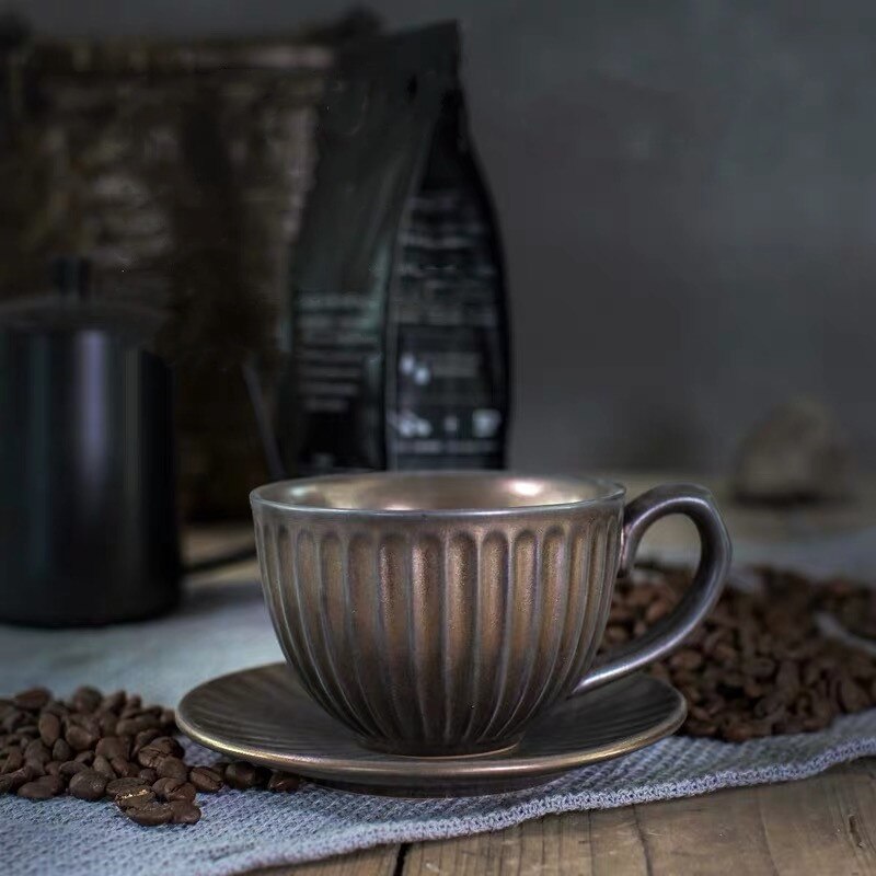 European Ceramic Retro Coffee Cup with Saucer Set Handmade Japanese Style Milk Mug Coarse Pottery Office Teacups Drinkware: Gold