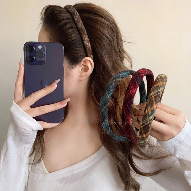 Diadema con bisel a cuadros para mujer, diadema Retro coreana para niña, aro Vintage para , accesorios para bandas para el cabello