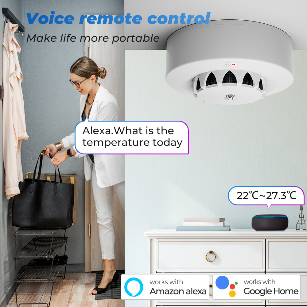 Tuya Wifi capteur de fumée alarme 80DB détecteur intelligent de température et d'humidité d'incendie Protection de sécurité Alexa Google Home vie intelligente