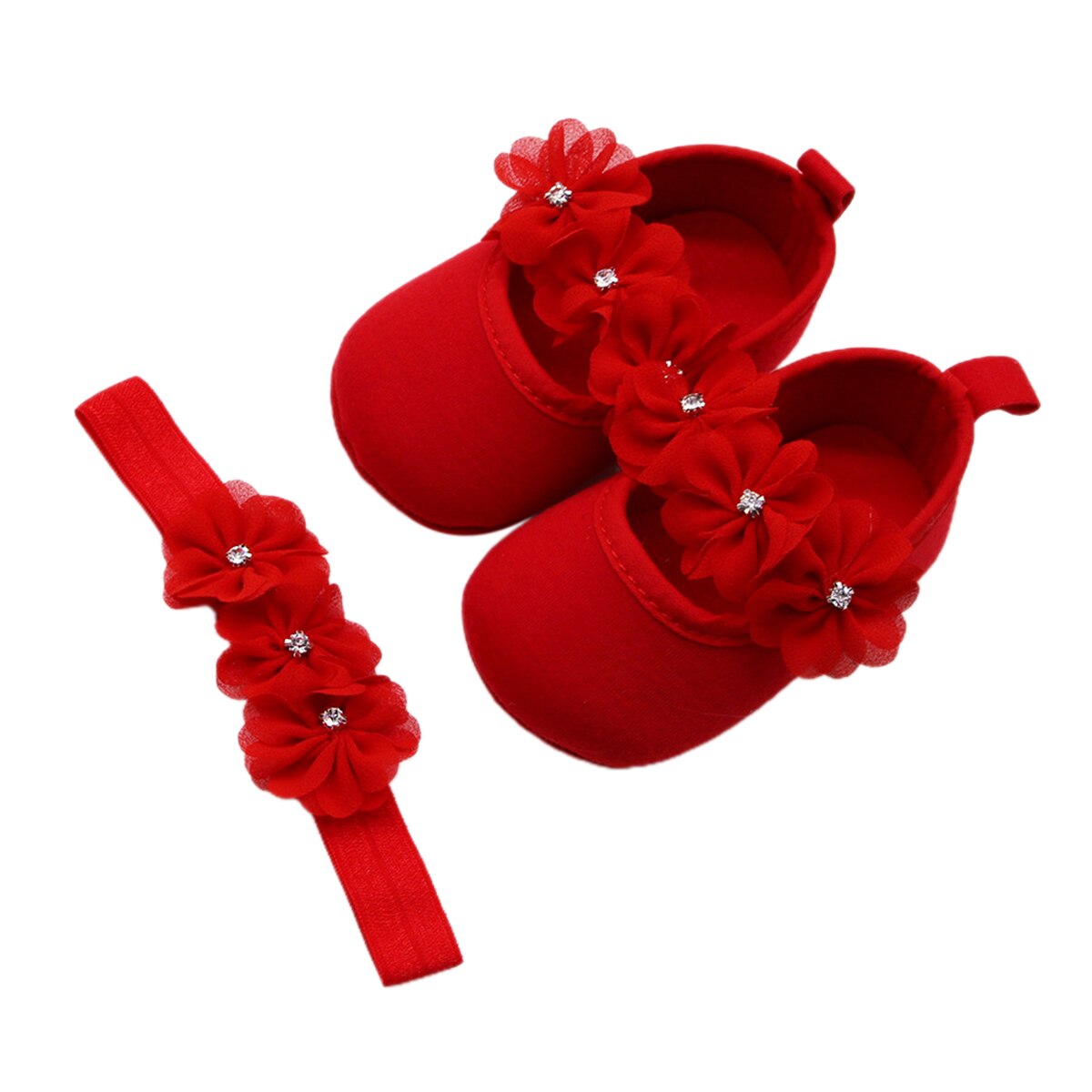Baby dop skor och pannband set, mjuk sula blommiga mary jane lägenheter och hårband 2 stycke set för spädbarn flickor: Röd / 12