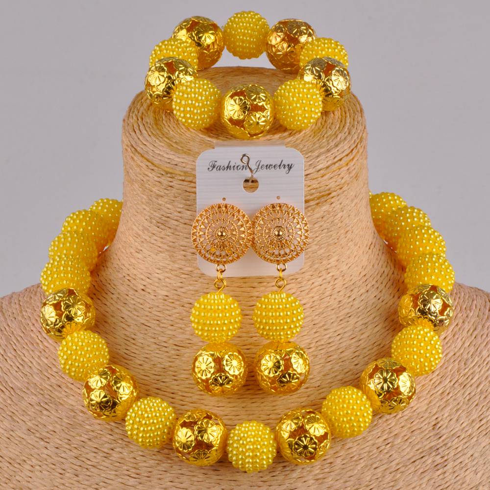 Klassieke nigeriaanse trouwsieraden, afrikaanse bruidsjurkaccessoires, perzikkleurige imitatieparelkettingset (az -77): Geel