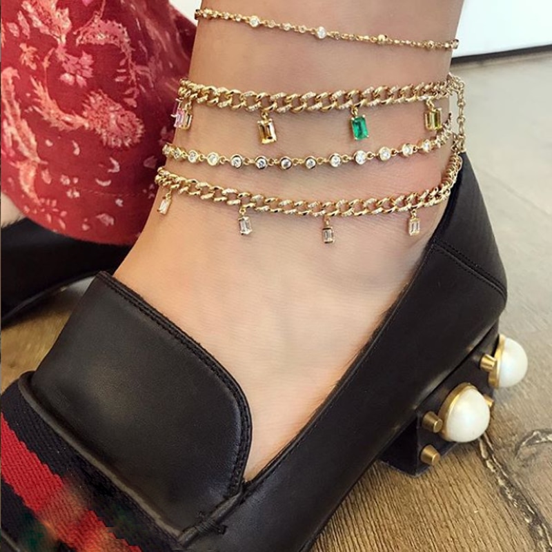 Regenboog Kleurrijke Zirconia Baguette Cubaanse Link Chain Enkelband Voor Vrouwen Verstelbare Lengte 21 + 5Cm Trendy Geometrische Cz enkelband