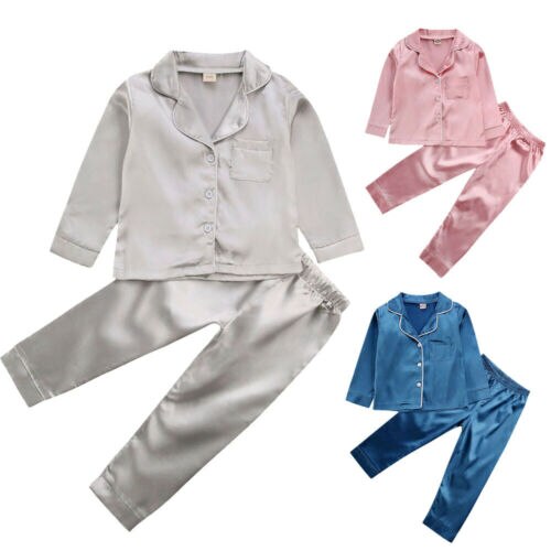 Småbørn baby dreng pige silke satin top bukser pyjamas lange ærmer solid button-down pyjamas satin sæt barn nattøj natkjole