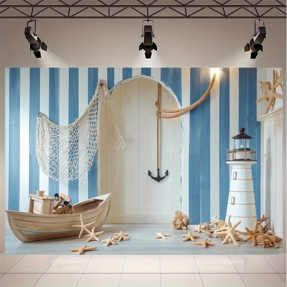 Nautical theme party background | wooden boat, lighthouse and starfish polyester, nautical decoration