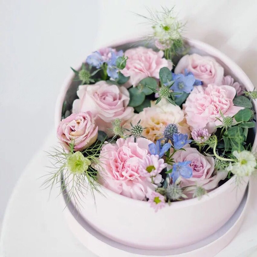 1 x roze ronde bloemendozen, bloemenverpakking, snoep, dragee, opbergdoos, papieren zak, boeket, vaas met deksel voor bruiloftsfeestdecoratie
