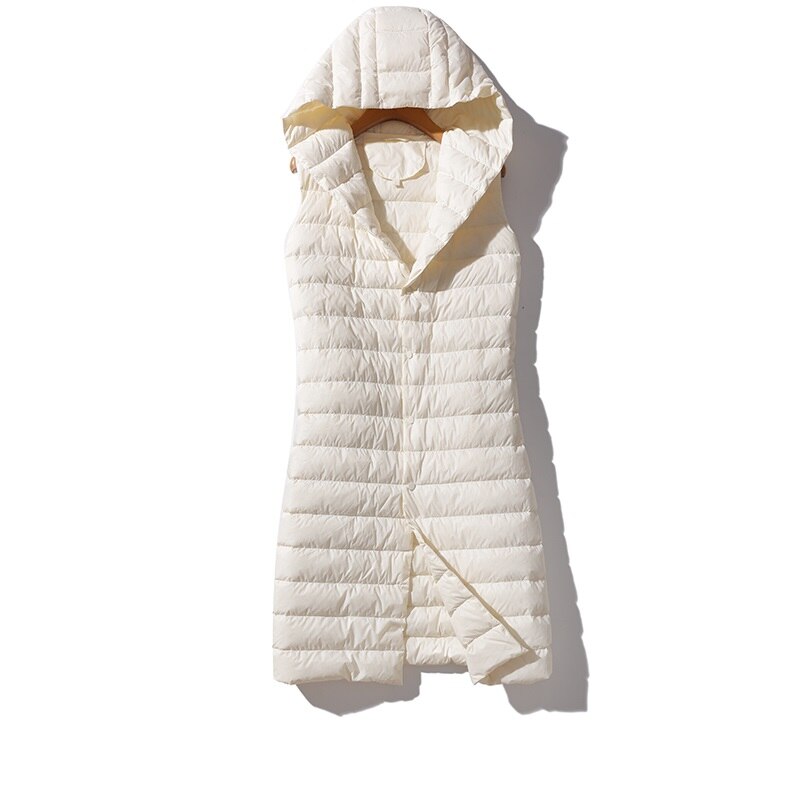 Newbang mærke kvinders lang vest ultra lette dun veste hætte uden ærmer turn-down krave jakke enkelt breasted varm jakkesæt vest: Hvid / L