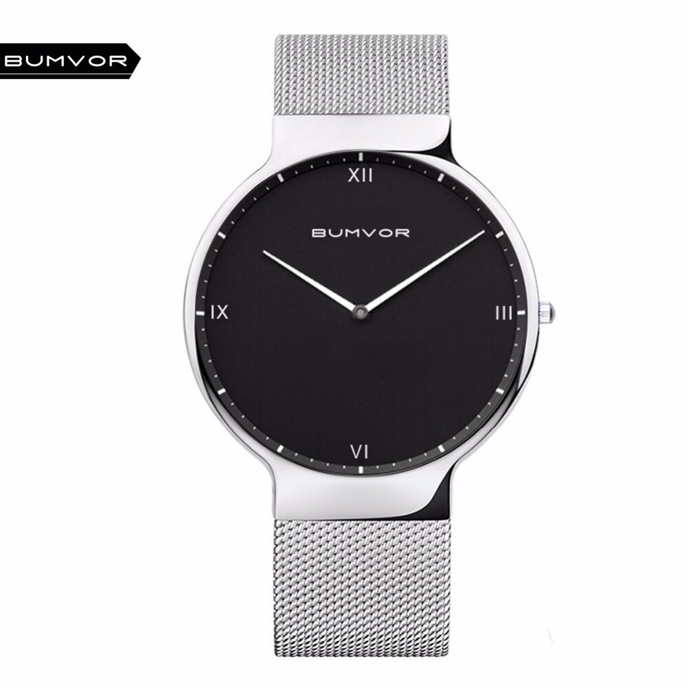 BUMVOR Ultra Dunne Horloges Mannen Quartz Rvs heren Horloges Klok Man Casual Horloges Bering Stijl