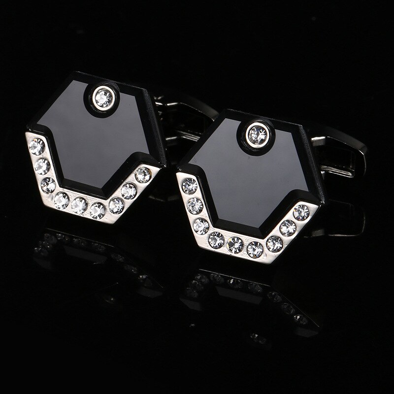 Black Inlaid White Crystal French Shirt Cufflinks Men Business Banquet Casual Dating Wedding Celebration Cuff Links