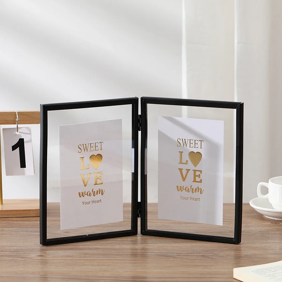 1 marco de fotos dúplex de metal plegable, marco de fotos transparente acrílico dorado y negro, marco de decoración de fotos para habitación, decoración del hogar