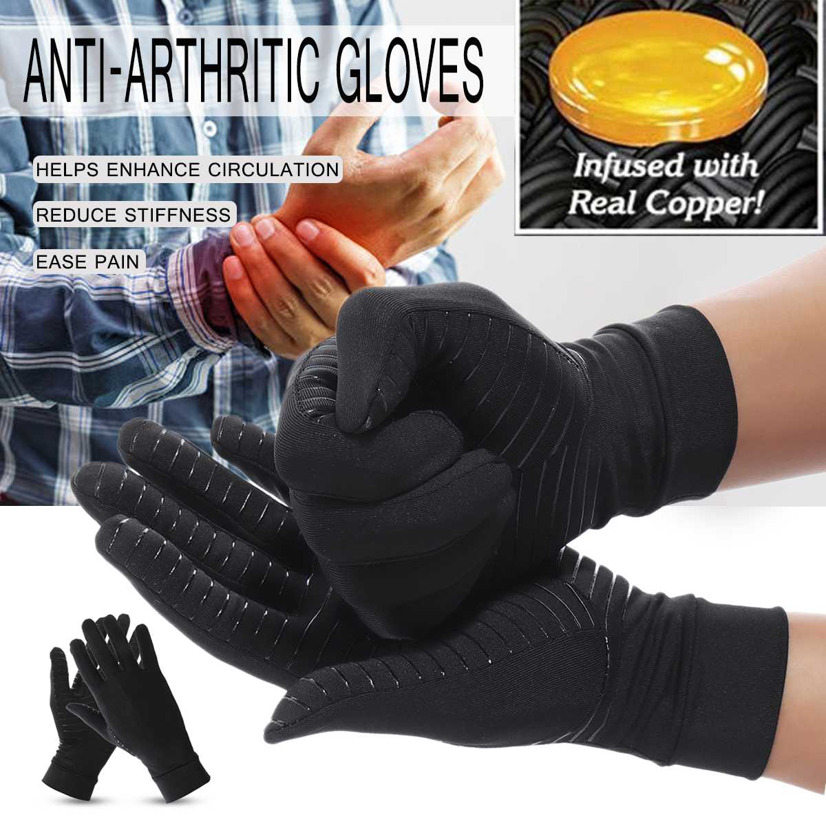 1 par kvinder mænd kobberfiber elastisk håndgigt led smerte lindring handsker terapi halv fulde fingre kompression handsker