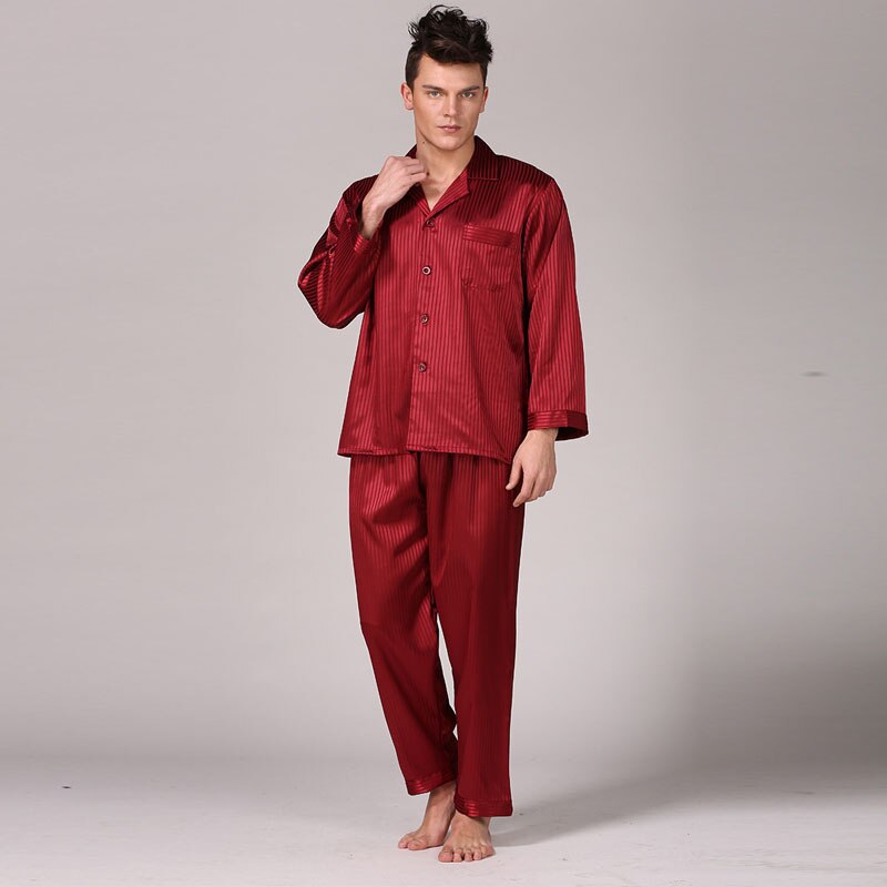 Pijama clásico de lujo con a rayas para hombre, ropa de dormir de manga larga, Tops, pantalones, Pijama de seda de hielo, conjunto: Red / 3XL