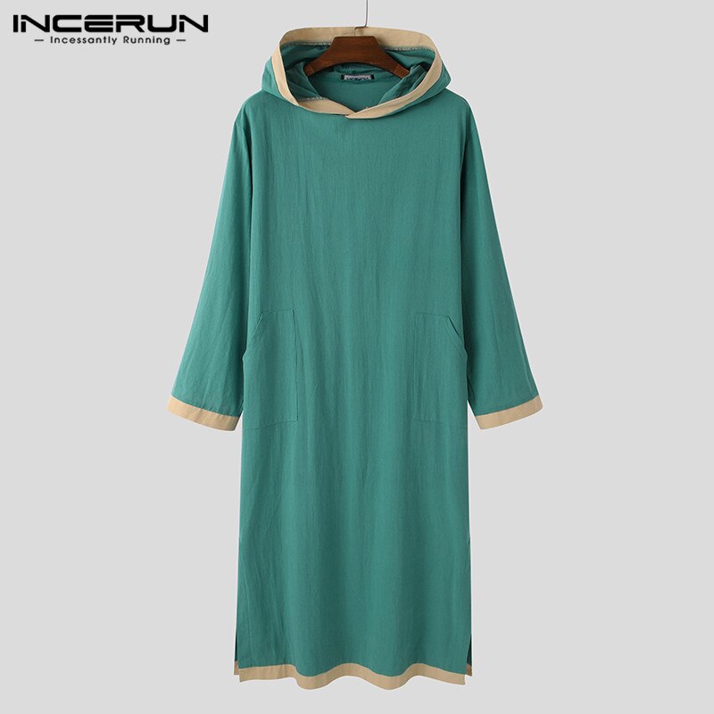 Incerun muçulmano kaftan homem islâmico árabe jubba thobe com capuz retalhos lazer manga longa roupões dubai abaya roupas masculinas plus size