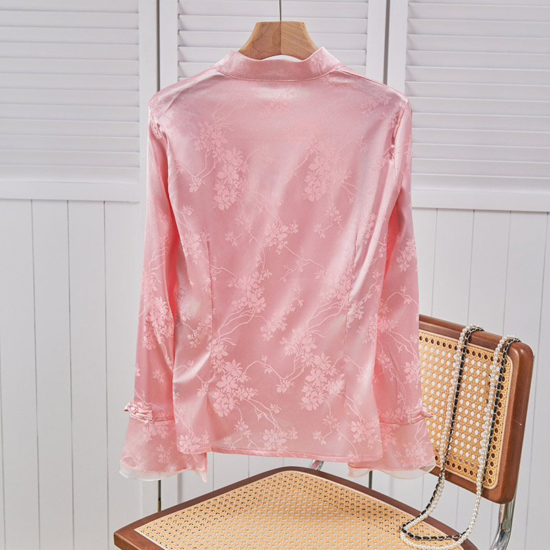 Vintage kinesisk stil jacquard skjorter høj hals perlespænde pink langærmet dame med temperament elegance kontor basics skjorte