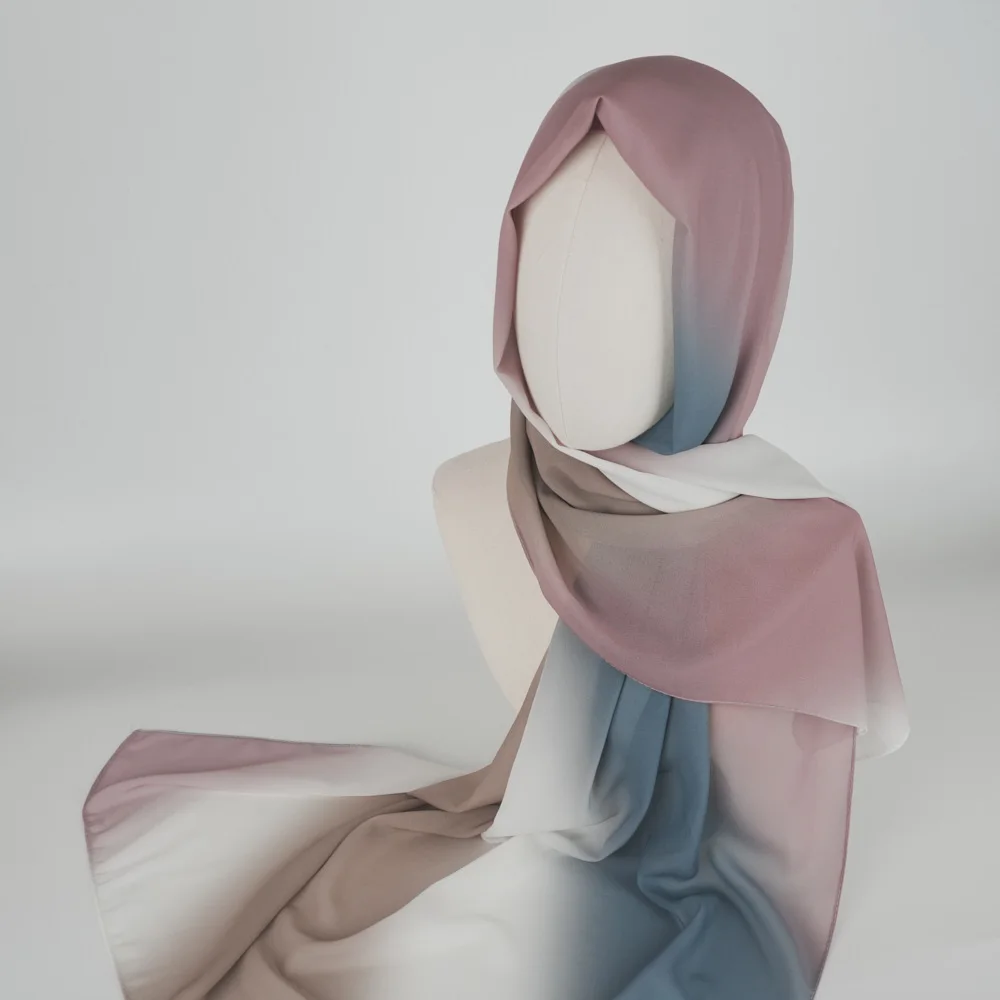 Chiffon-Hijab für Frauen, Turban-Kopftuch, Farbverlauf, Batikdruck, arabische Kopfbedeckungen, islamische Kleidung, muslimische , 70 x 175 cm: Black