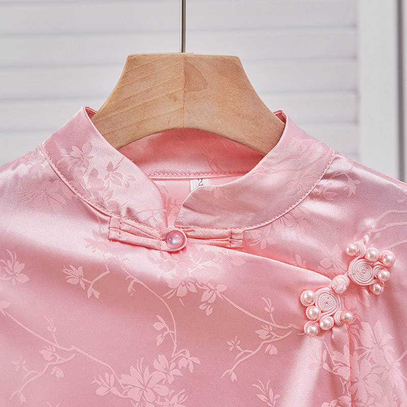 Vintage kinesisk stil jacquard skjorter høj hals perlespænde pink langærmet dame med temperament elegance kontor basics skjorte