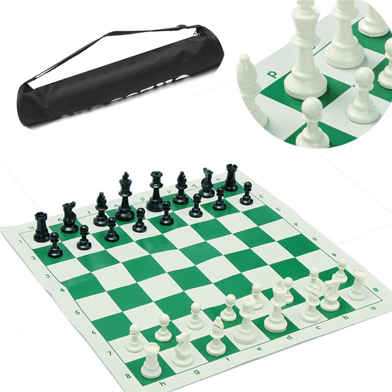 Traveling Portable Chess Traditional Chessboard Set for Tournament Club with Green Roll-up Board + Plastic Bag Chess Game