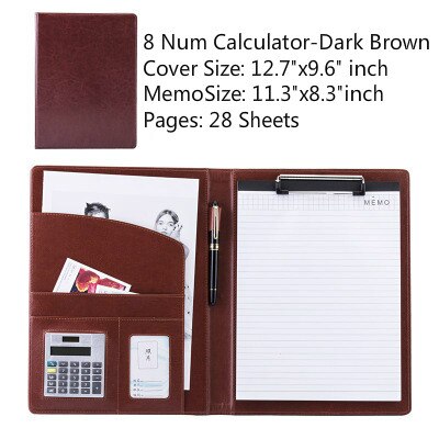 Étui de rangement A4 en cuir PU Business Padfolio, classeur Vintage Business Manager, dossier de bureau avec calculatrice: 8 Num Dark Brown B