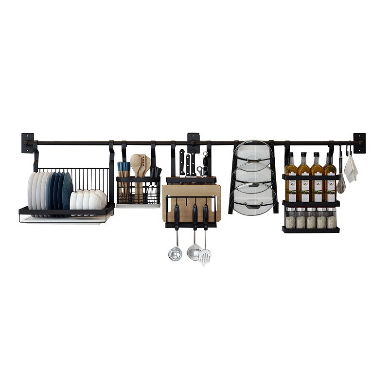 Ponche libre estante de almacenaje para cocina negro Acero inoxidable montado en la pared cuchara especias plato estante organizador de cocina multifunción
