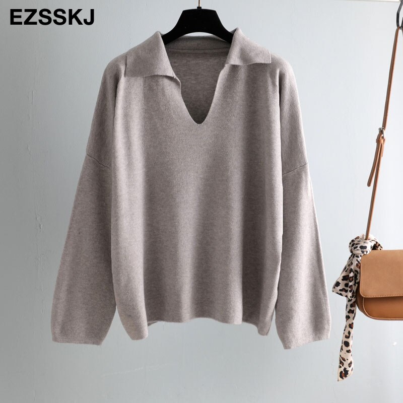 chic turn down collar oversize autumn winter Sweater Women Pullover Casual Long Sleeve loose Sweater Female Jumpers: Gray