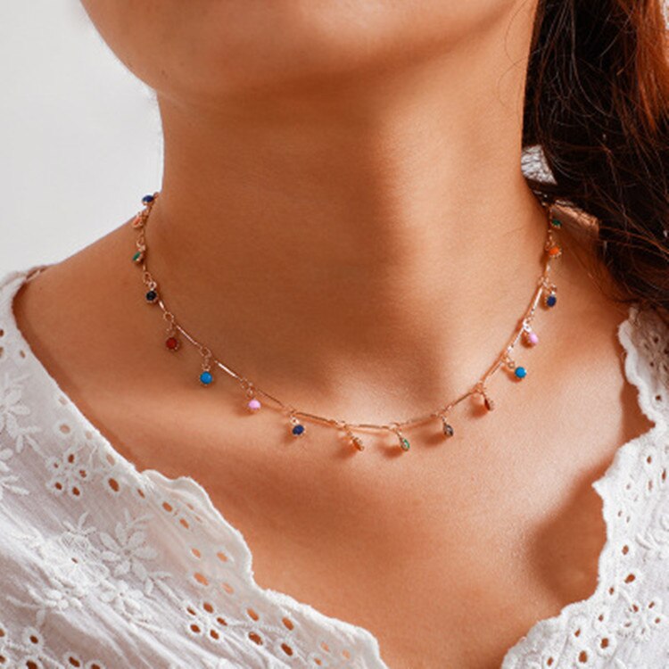 AOMU Autumn Winter Colorful Circle Geometric Splicing Choker Simple Clavicle Necklace for Women Student Jewelry