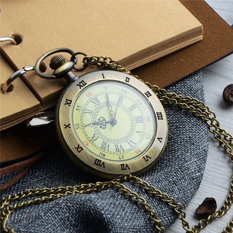 Unique Men Women Vintage Pocket Watch Roman Numerals Fob Watch 3 Dials Character Necklace Pendant Clock Time with Chain