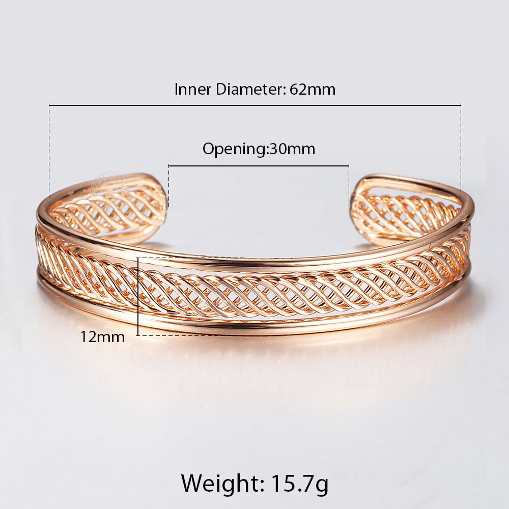 12mm 585 Rose Gold Cuff Bangle Bracelet for Women Girl Twisted Carved Wristband Simple Party Wedding Jewelry CB54: CB54