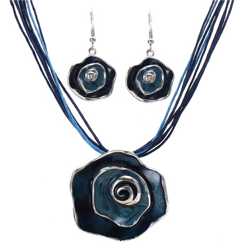 Zoshi Sieraden Sets Enamel Bloem Hanger Multilayer Leather Rope Set Ketting Oorbellen Set Voor Vrouwen: F1046