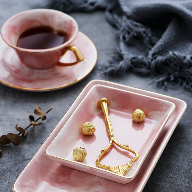 Gold Marble Ceramic Plate Dish Dessert Food Plate Jewelry Ring Necklace Dish Bathroom Vanity Storage Tray Trinket Dish