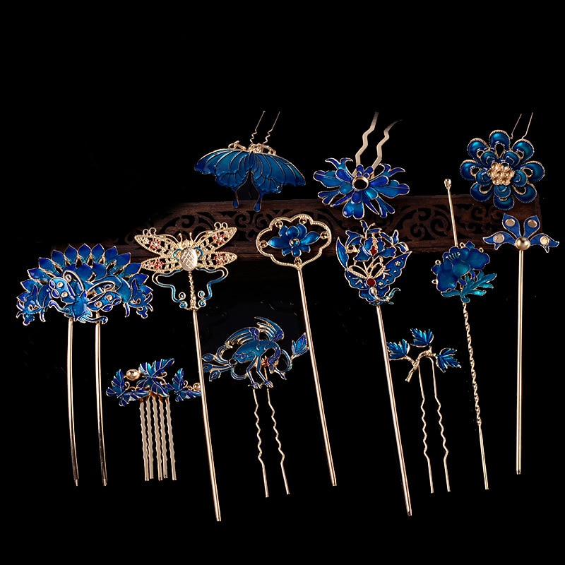 Antiikin orkidea kukka hiuspuikko cloisonne emali luksuskoru sininen hiusneula kiinalainen vintage käsintehdyt hiusneulat