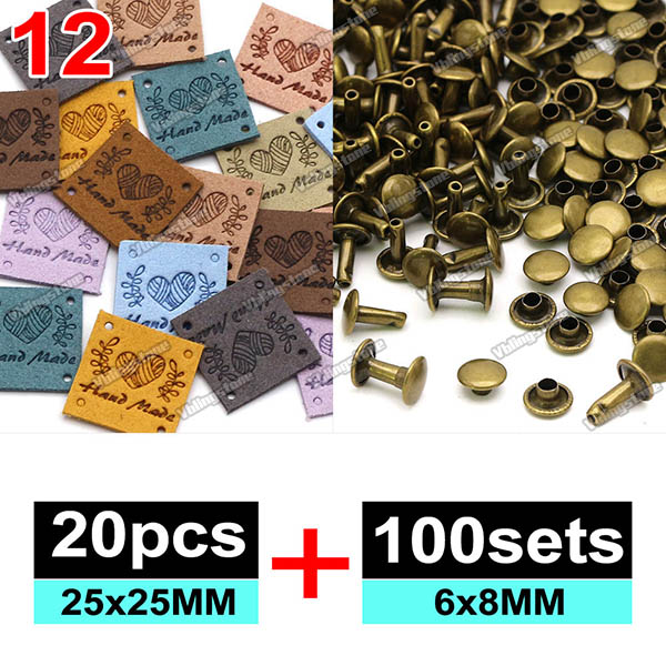 Zestawy etykiet skórzanych Ręcznie robione etykiety na ubrania Wytłaczane etykiety z metalowymi nitami z podwójną nasadką 6x8MM Akcesoria robić szycia: nikiel