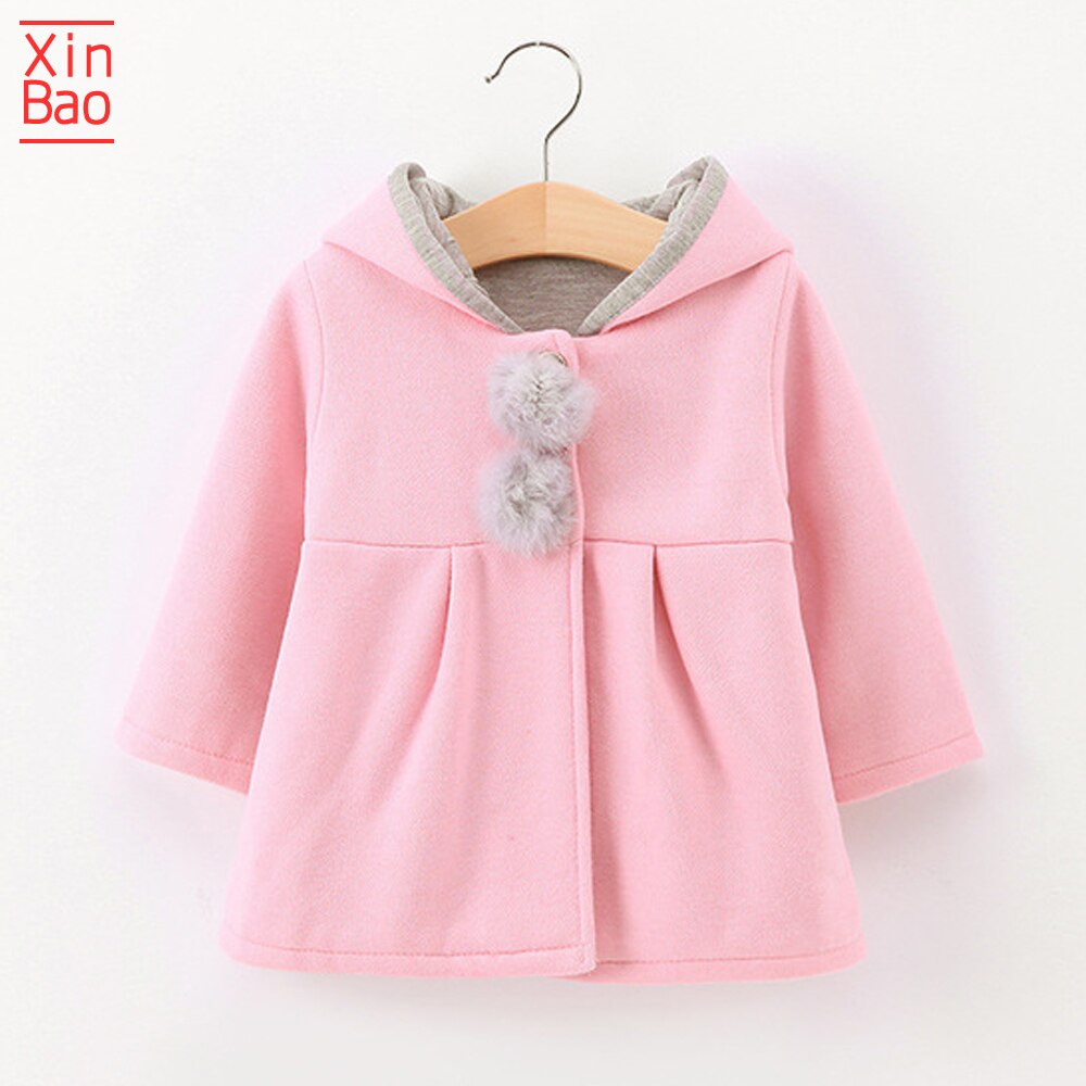 Xinbao meisjesjassen cartoon lange mouwen jas konijnenoor hoodie casual bovenkleding kinderjas babykleding gebreid kinderen: Roze / 12m