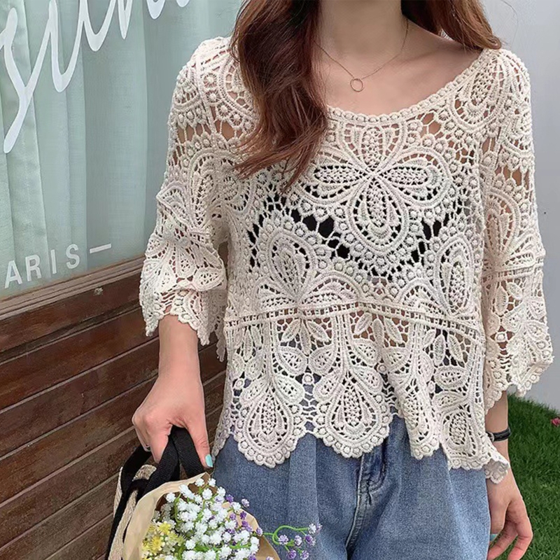 Sommer, uthulet heklet strikkegenser med blomsterprint, gjennomsiktig rund hals, slengt, 3/4- ermet crop top med skuldertrekk for kvinner