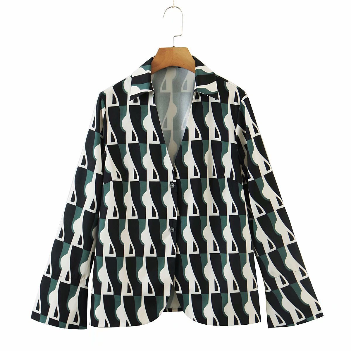 Conjunto de Pijama con estampado geométrico verde para mujer, ropa de dormir de 2 piezas con pantalones, traje de manga larga para Primavera, 2022: Top / L