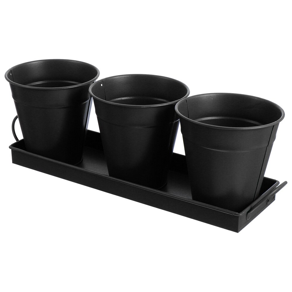 3pcs Garden Planters Flower Pot with 1pc Tray Herbs Succulents Utensil Holder: Black