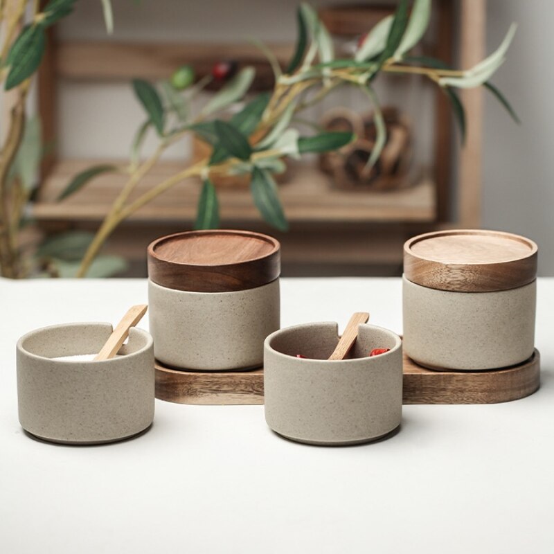 Kitchen Ceramic Jar Porcelain Seasoning Container Clay Condiment Storage Bottle Pottery Can for Salt Sugar Spice with Spoon Lid