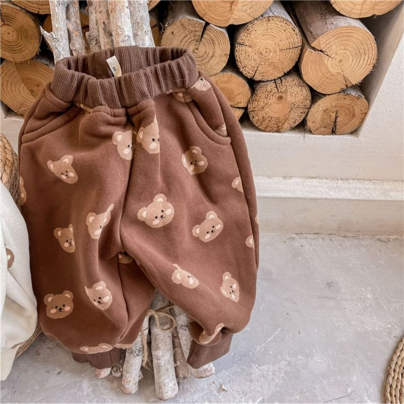 Winter Schattige Baby Beer Print Harembroek Fleece Warm Casual Broek Voor Jongens Baby Meisjes Losse Cartoon Broek kleding