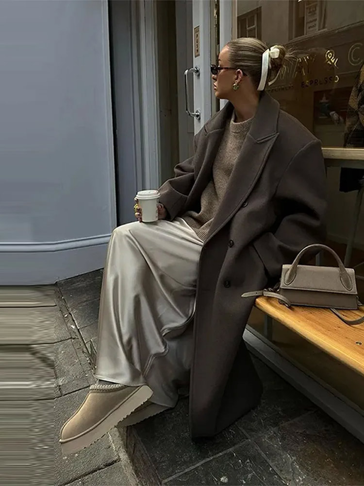 Damull långa kappor slag dubbelknäppta långärmade bruna överrockar höst vinter dam pendlingskläder ytterkläder