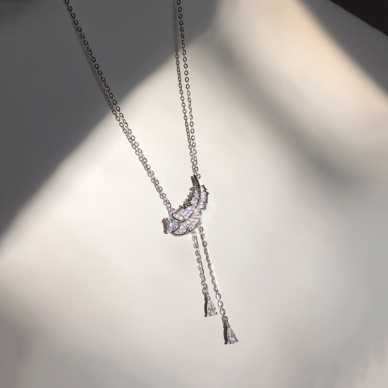 ANENJERY-collar de plumas de circonia cúbica brillante para mujer, Color plateado, collar de borla larga y delicada, S-N732