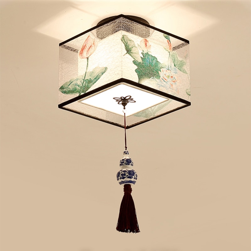 Chinese Ronde Vierkante Plafond Verlichting Armaturen Stof Voor Woonkamer Gangpad Schaduw Gemonteerd Lampa Sufitowa Japanse Led Plafond Lamp