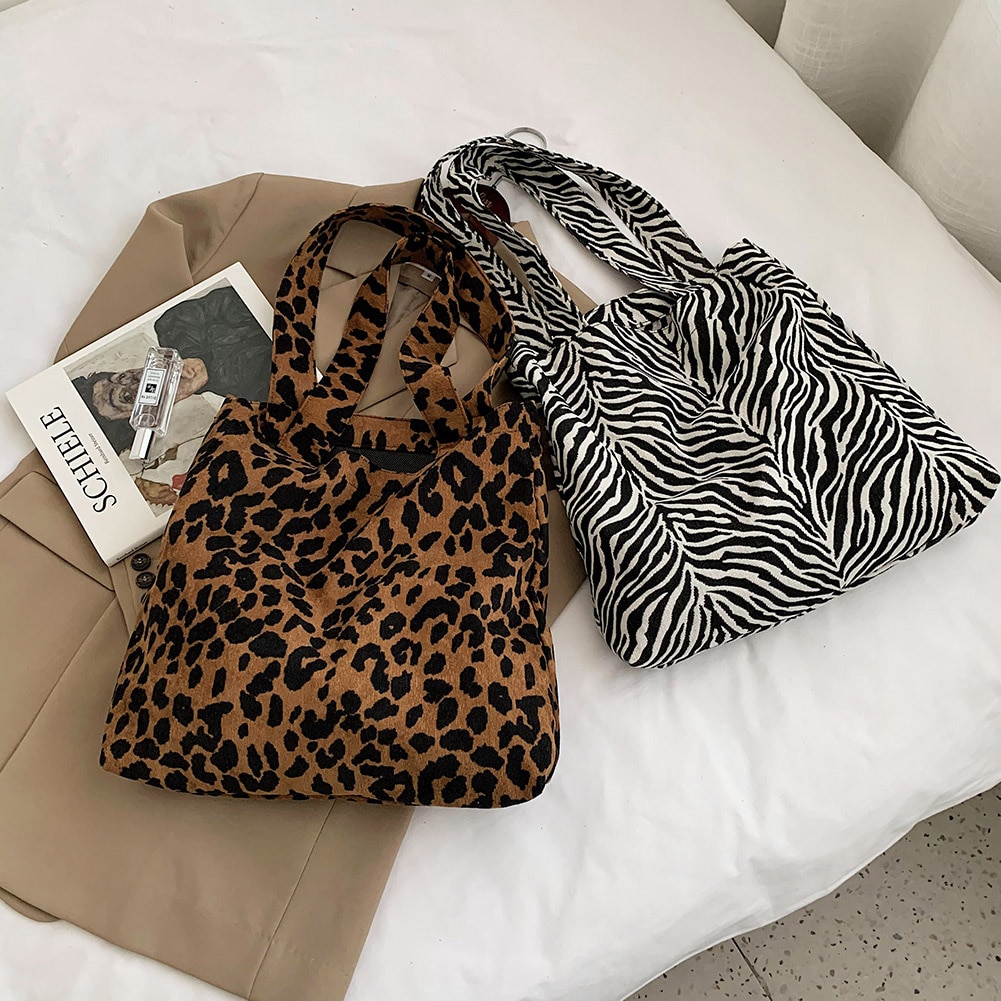 Vrouwen Corduroy Handtassen Zebra Leopard Patroon Schoudertas Grote Capaciteit Dames Animal Tassen